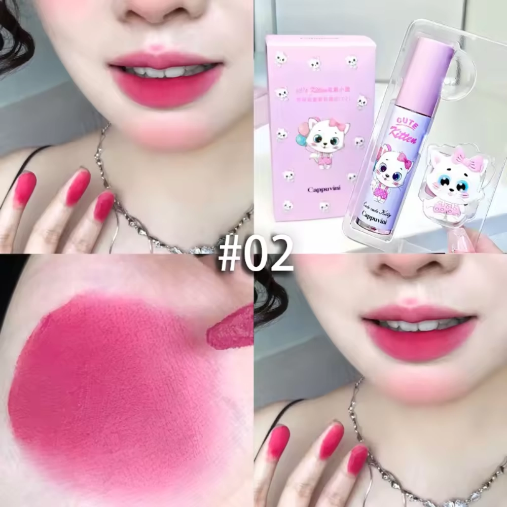 Cappuvini Cute Kitten Casual Lip Cosmetic Velvet Lip Mud, QUICK-DRY Sensitive Brighten Colorful Lip Mud #02